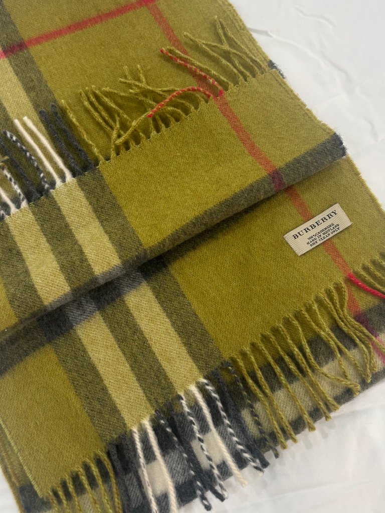 Burberry 100% Cashmere Olive Green Plaid Fringe Scarf